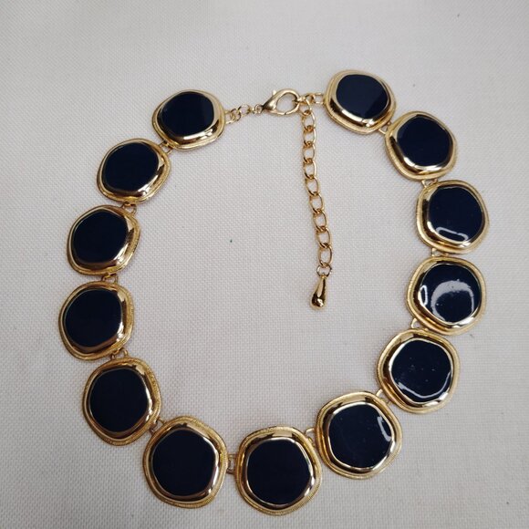 Vintage Gold Tone Navy Enamel Link Statement Necklace 1980s 1990s - Picture 4 of 8